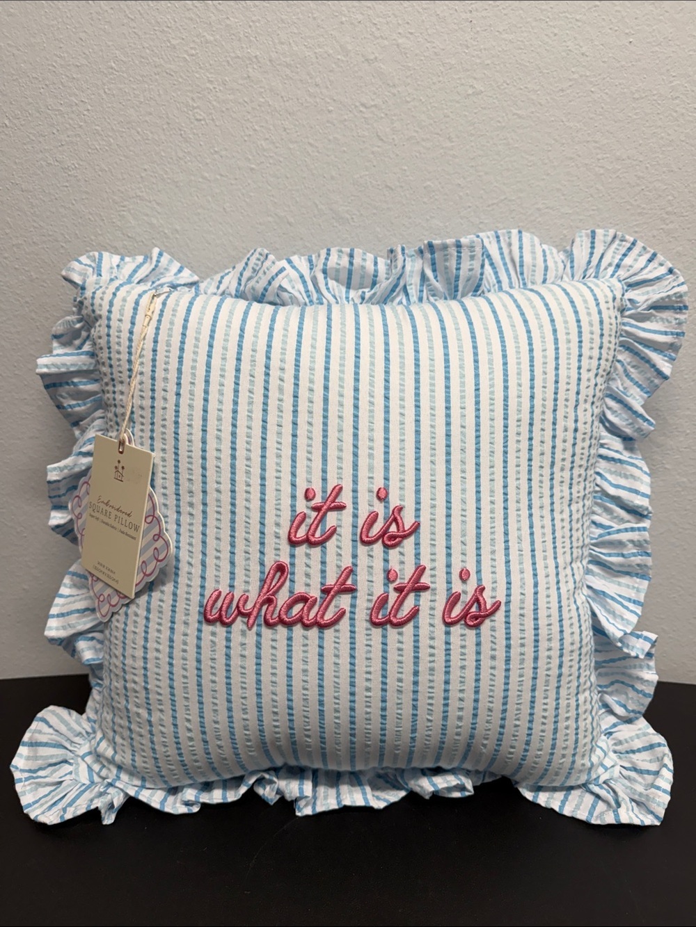 Style House | “It Is What It Is” Embroidered Striped Ruffle Square Pillow